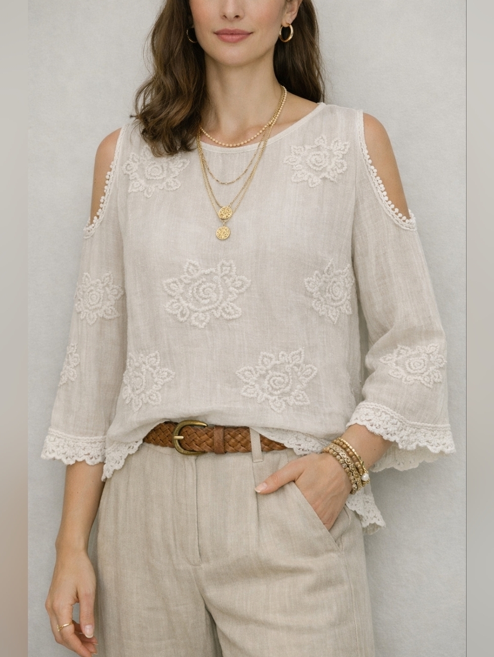 Bella by Cassie White Boho Floral Cold Shoulder Embroidery Sequin Top
